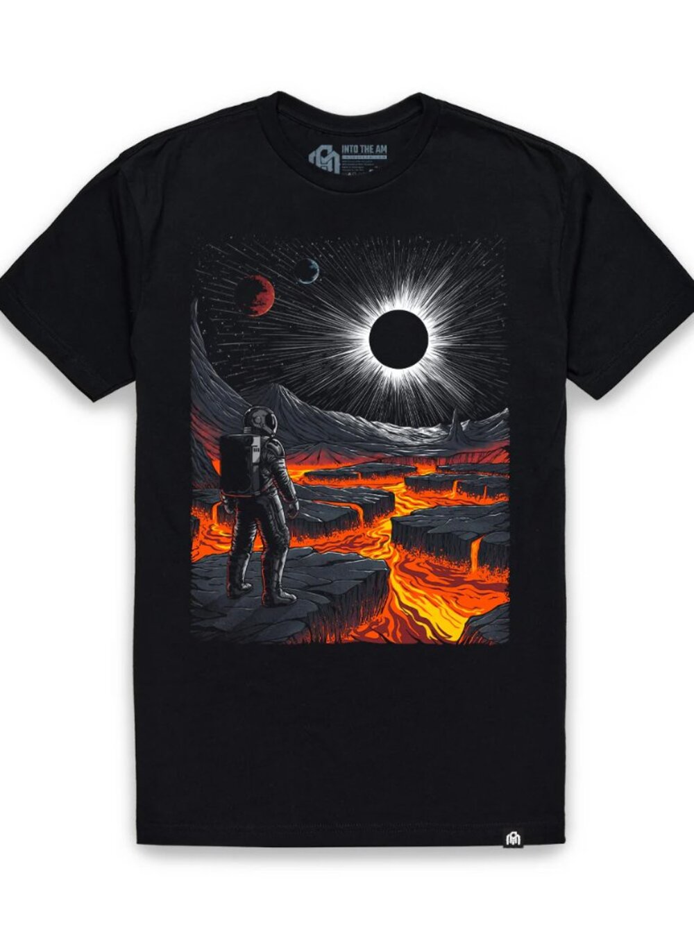 Black Astronaut Eclipse Graphic Tee Volcanic Planet Space Art Shirt